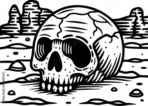 human skull lying on barren desert landscape with rocky formations and cracked ground