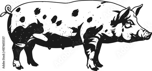 illustration of a spotted pig standing sideways with detailed black and white shading