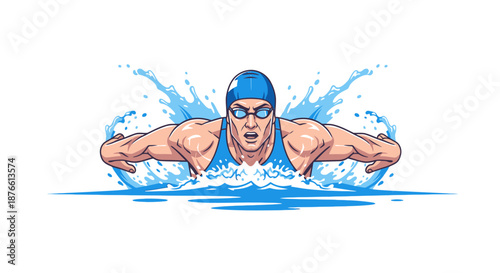 Male Swimmer in Action Pose Illustration.
