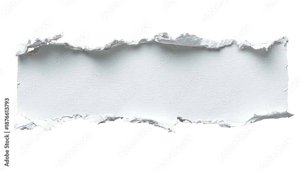 Fototapeta premium A piece of white paper, ripped across with rough edges, floating against a black background