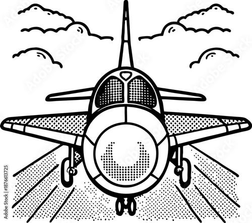 military fighter jet on runway preparing for takeoff with clouds in the background