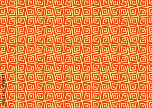 オレンジ色の渦巻きが連なる幾何学模様パターン背景｜渦、模様、和風、背景