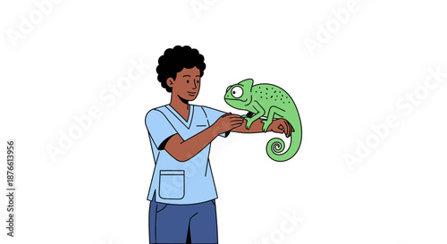 Veterinarian Holding Green Chameleon in Hand.