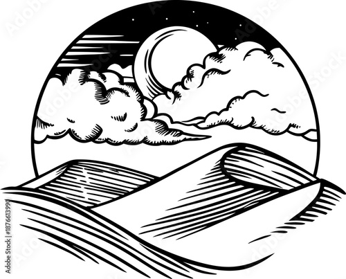 Desert dunes under a moonlit sky with clouds and stars, night wilderness landscape scene