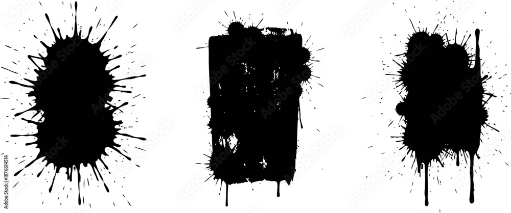 Fototapeta premium Black ink splatters and blots on white background, abstract grunge paint drops with irregular edges