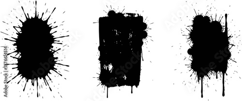 Black ink splatters and blots on white background, abstract grunge paint drops with irregular edges