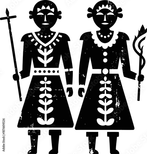 Traditional tribal warriors holding weapons in vintage folk art silhouette
