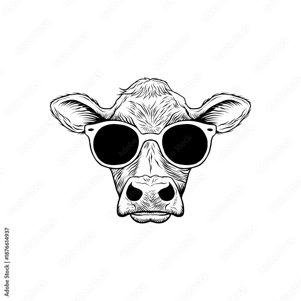 Fototapeta premium hand drawn illustration logo of a cow wearing black and white glasses