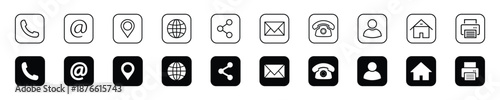 Communication and contact icon set-line icons and solid in square for business card, branding, website and app UI