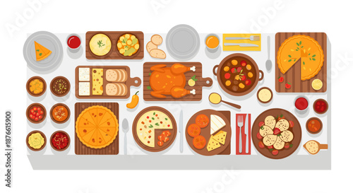 An inviting overhead flat lay of a festive holiday dinner table, showcasing a diverse array of delicious traditional dishes and culinary delights.