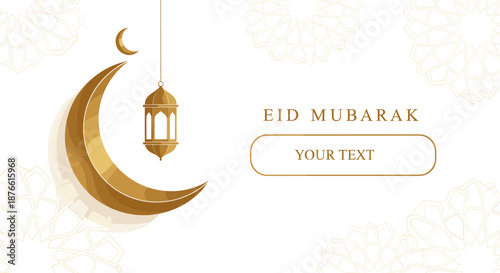 Elegant Eid Mubarak banner featuring a golden crescent moon, hanging lantern, and space for custom text, perfect for celebrating Islamic holidays.