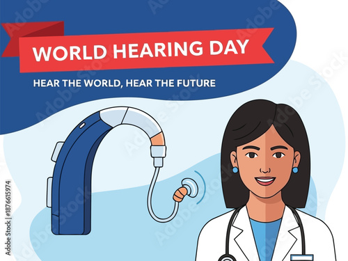 World Hearing Day vector banner with hearing aid and female audiologist