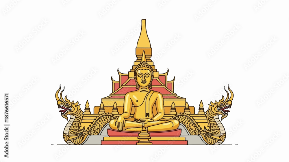 Obraz premium Golden Buddha statue seated with ornate dragons and tiered structure