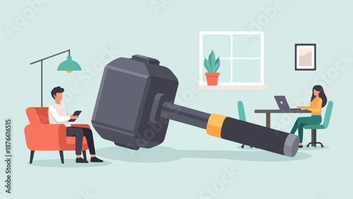 Giant hammer looms over a man relaxing indoors while a woman works diligently at her laptop nearby