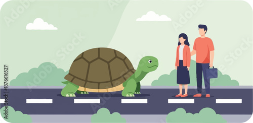 Giant tortoise crosses road as couple waits
