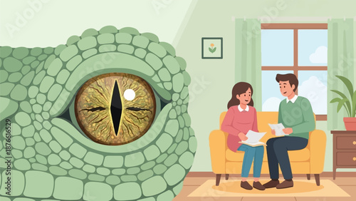 Giant reptilian eye looms over a couple discussing documents indoors