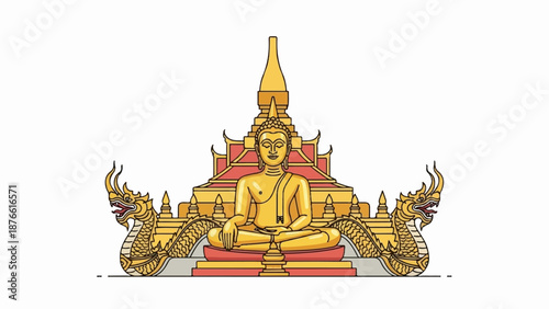 Golden Buddha statue seated with ornate dragons and tiered structure