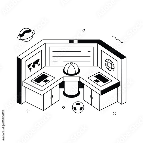 An isometric illustration featuring virtual command center and digital operations