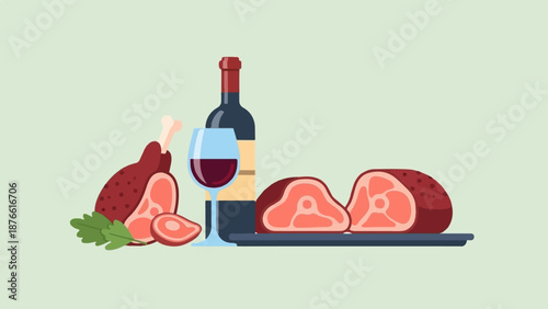 Flat illustration of raw meat cuts and a wine glass with bottle