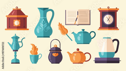 Flat illustration of vintage kitchenware, a book, and a clock