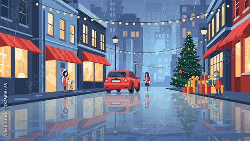 Festive holiday street scene with pixelated buildings, people, car, and tree