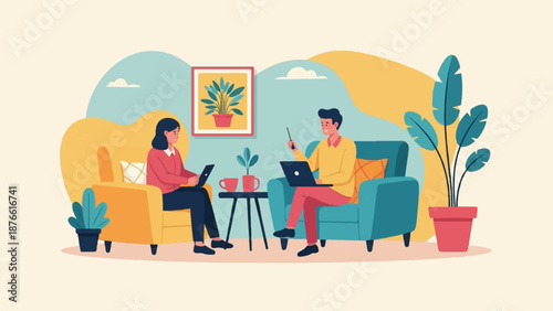 Flat illustration of two people working on laptops while seated in armchairs at home