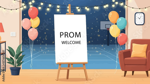 Festive prom welcome sign set on an easel, surrounded by balloons and starry night backdrop