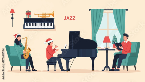 Festive jazz trio performs with piano, saxophone, and vocalist indoors