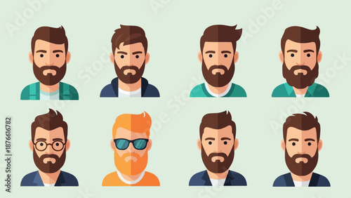 Eight diverse pixelated male avatars with beards and varying hairstyles and attire