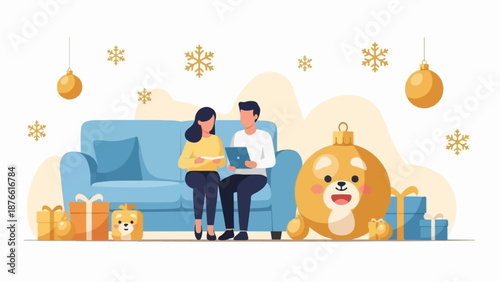 Festive scene with a couple on a couch, surrounded by gifts, ornaments, and snowflakes