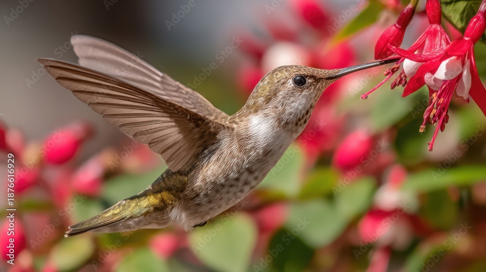 Fototapeta premium A hummingbird with iridescent feathers hovering to feed on nectar from a red flower, capturing its rapid flight and delicate details.