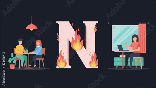 Figures in a cafe and at a desk, with a burning letter N between them