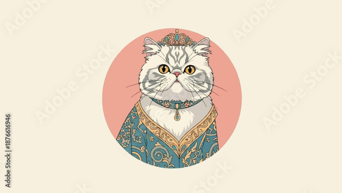 Elegant feline adorned in regal attire, wearing a jeweled crown and ornate robe, against a soft coral circle