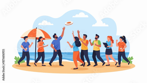 Diverse group of people enjoy outdoor recreation on a sunny beach day