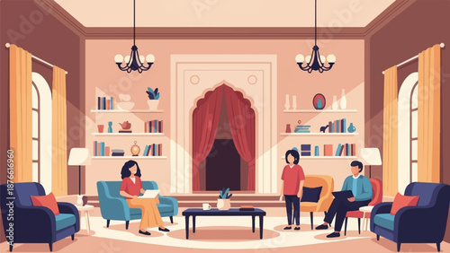 Elegant interior with three people conversing in comfortable seating areas, bathed in soft light