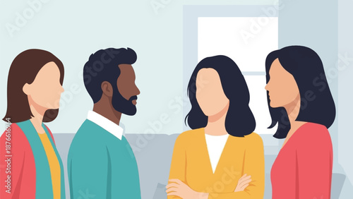 Diverse group of people in a casual meeting, facing each other in a simple indoor setting