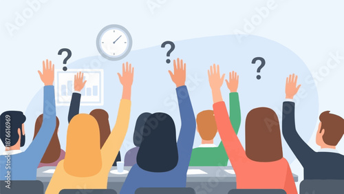 Diverse group of people in a meeting room raising their hands with question marks above them