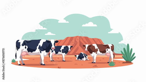 Four cows stand in a desert landscape with rolling hills and a pale blue sky