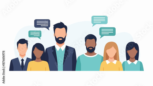 Diverse group of people with speech bubbles, indicating communication and collaboration