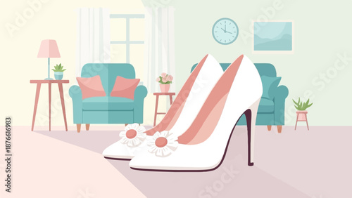 Elegant white high heels with floral accents sit on a pastel floor in a cozy living room setting