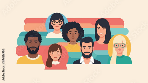 Diverse group of people with varied hairstyles, skin tones, and features