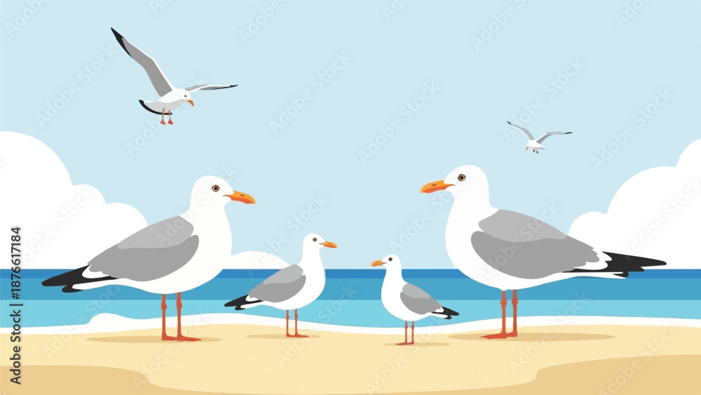 Obraz premium Five seagulls on a sandy beach with the ocean and sky in the background