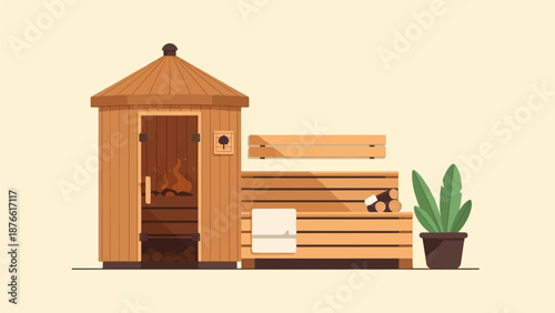 Cozy wooden sauna with glowing fire, seating, towels, and a potted plant