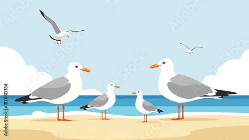 Five seagulls on a sandy beach with the ocean and sky in the background