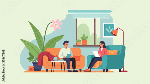 Cozy interior scene with a couple relaxing indoors with plants and natural light
