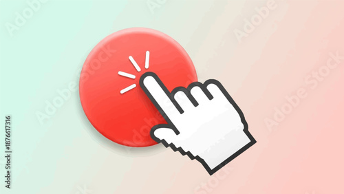 Cursor hand clicks a bright red button with radiating lines on a gradient background