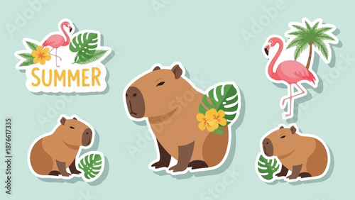 Cute capybaras and flamingos with tropical leaves and flowers, celebrating summer