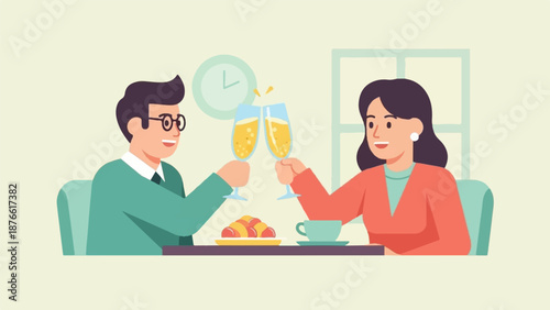 Couple toasting champagne glasses with pastries and coffee at a table