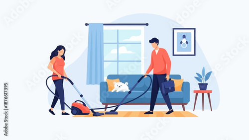 Couple vacuums home while dog watches from couch