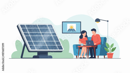 Couple using laptop next to solar panel and plant indoors